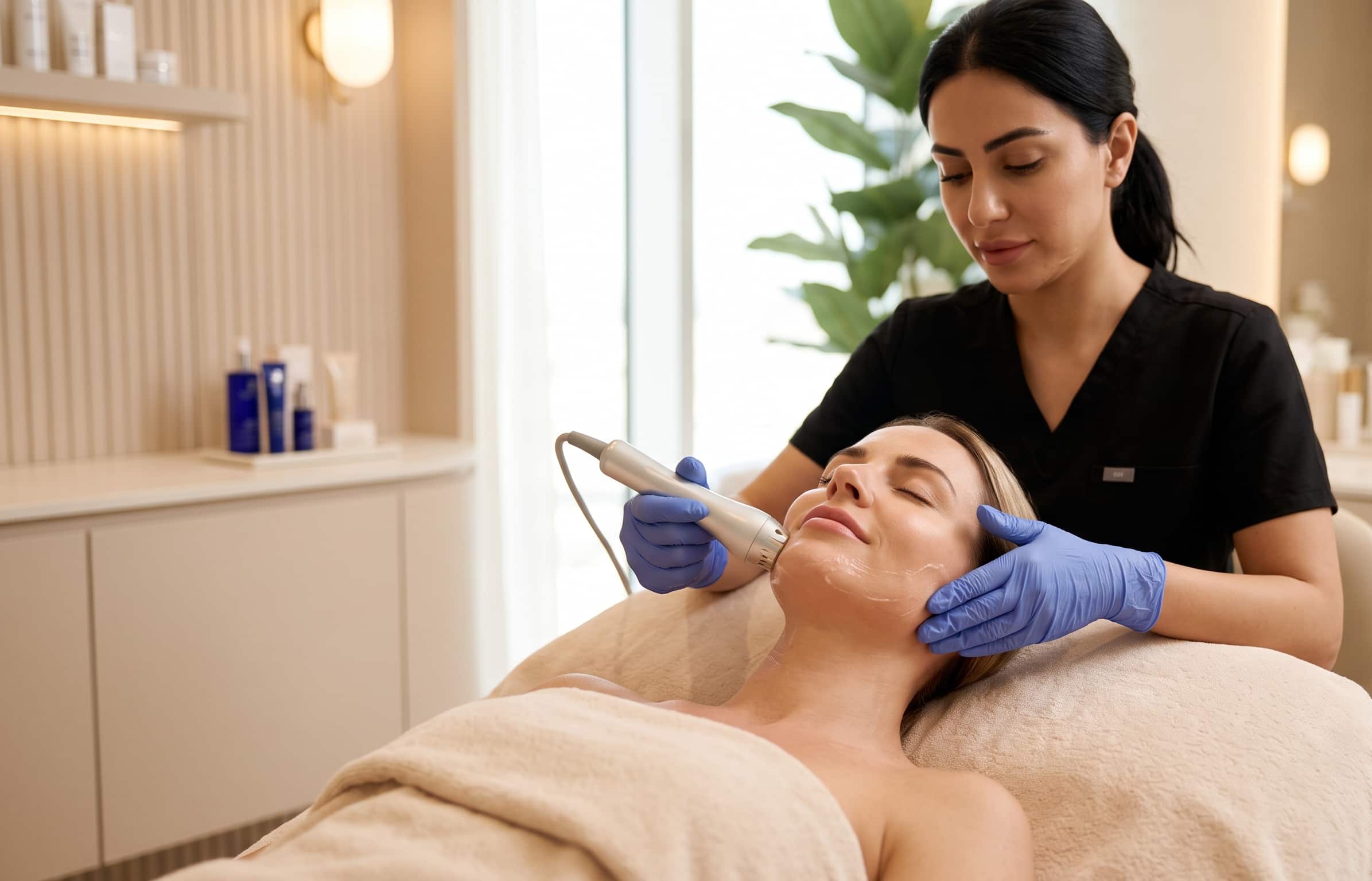 Non-surgical skin tightening treatment on the jawline at a Dubai aesthetics clinic