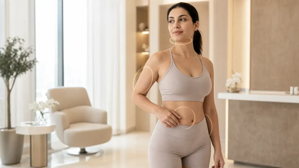 Woman in a Dubai aesthetics clinic with subtle markers around the chin, upper arm, abdomen and love handle treatment areas for Fat-dissolving injections dubai