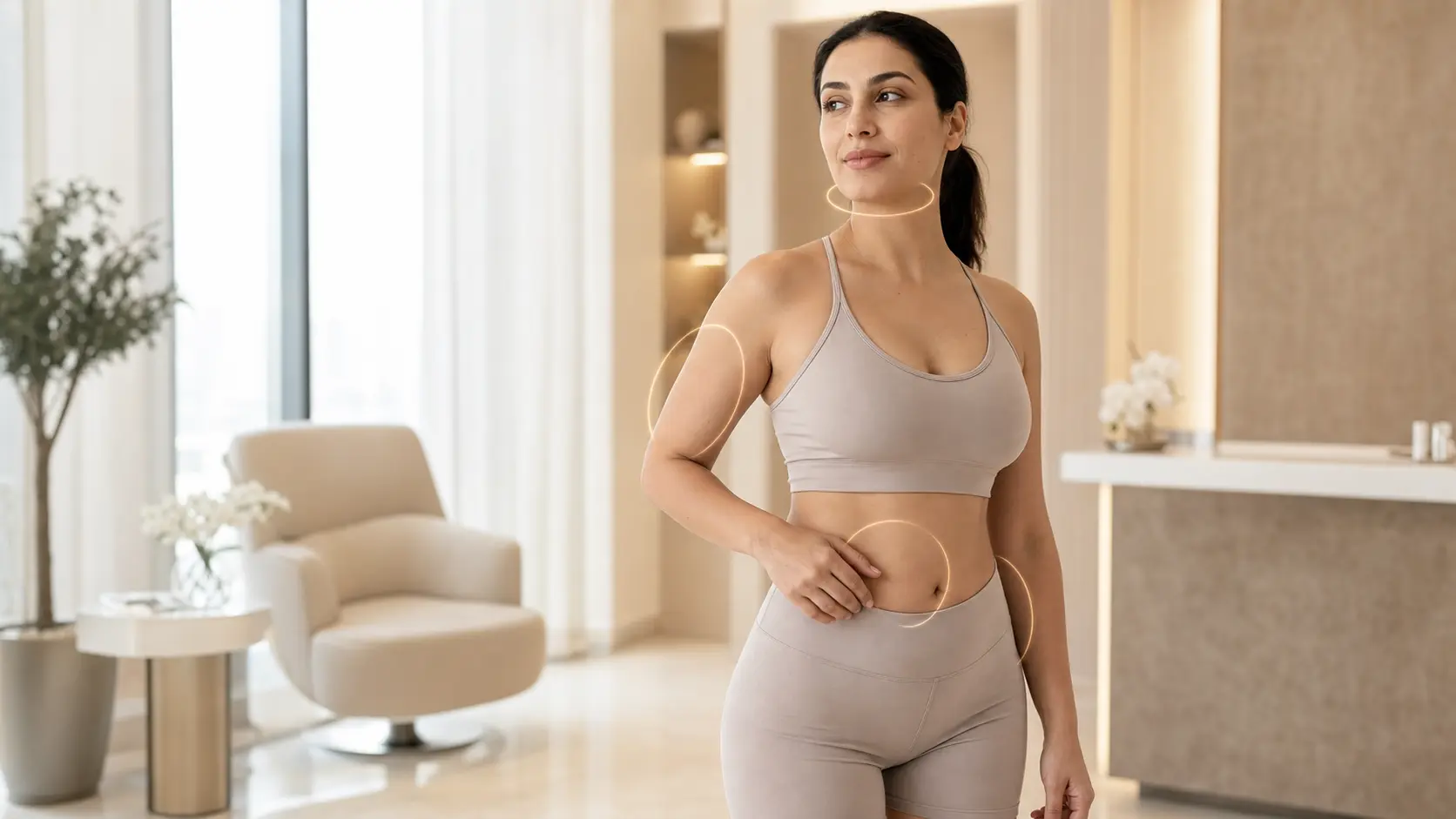 Woman in a Dubai aesthetics clinic with subtle markers around the chin, upper arm, abdomen and love handle treatment areas for Fat-dissolving injections dubai