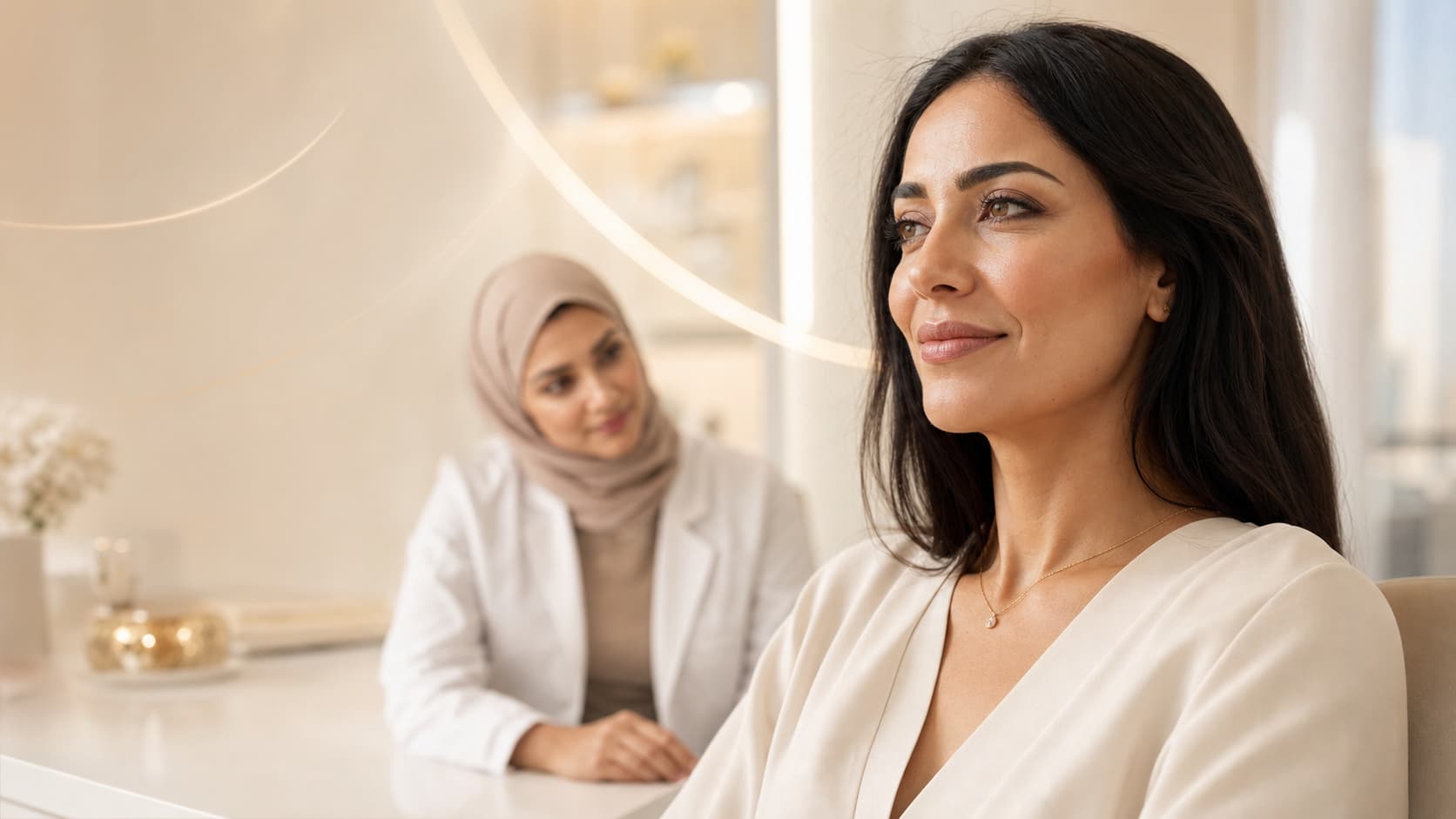 Woman discussing long-lasting Sculptra results at a Dubai aesthetics clinic