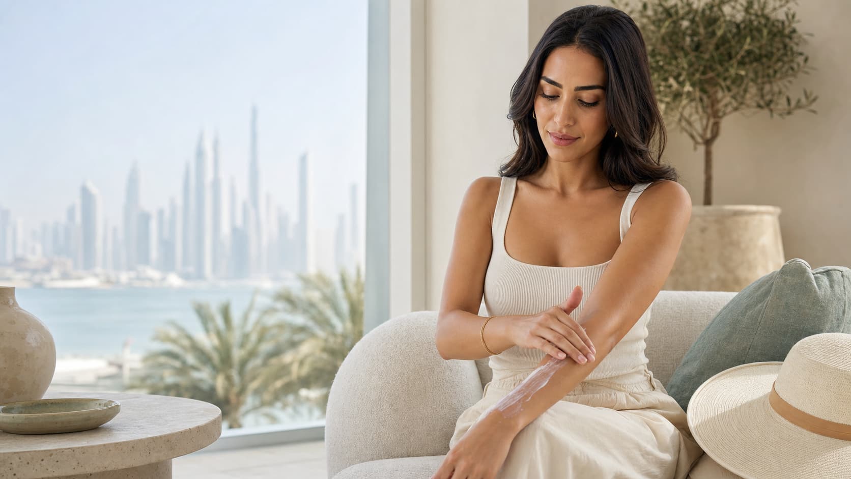Woman applying sunscreen before laser hair removal during Dubai summer