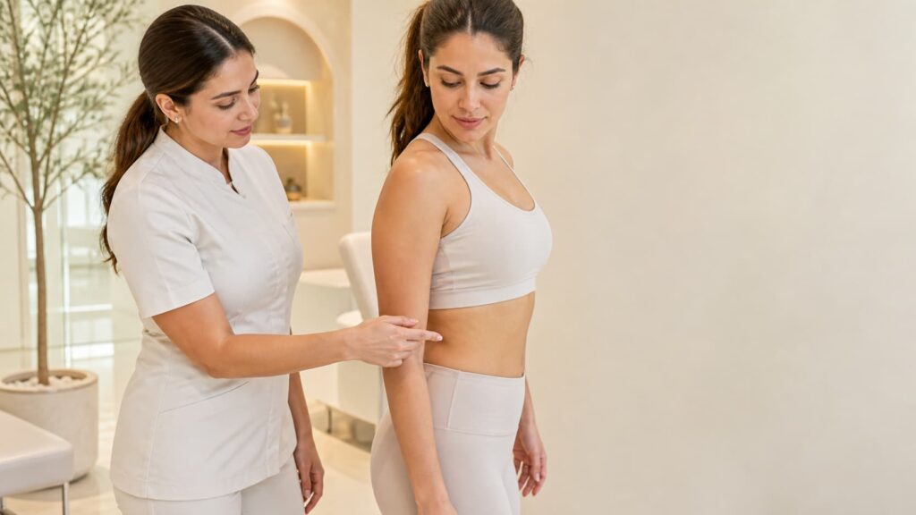 Woman considering non-surgical love handle treatment in Dubai