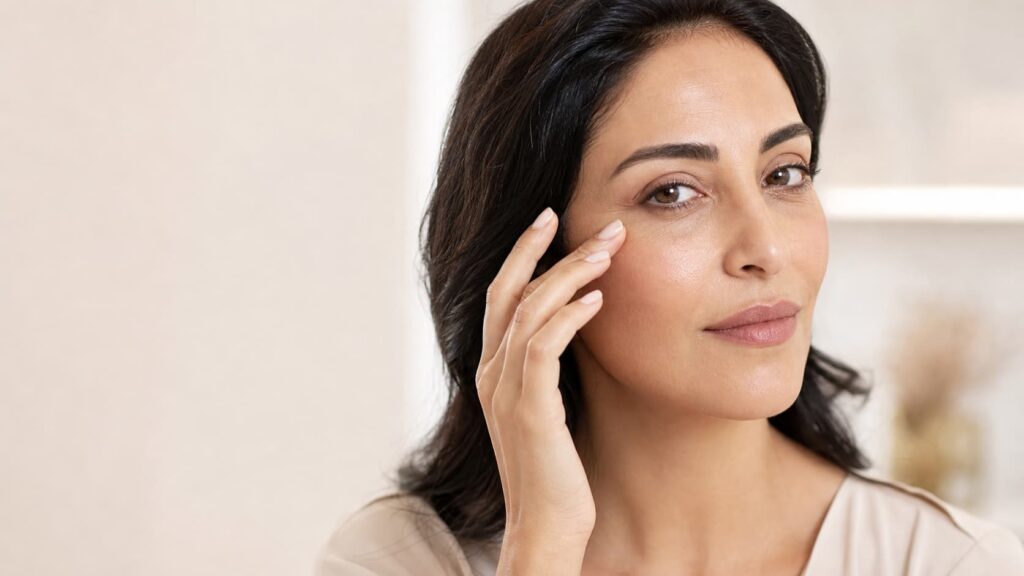 Woman gently touching smooth under-eye skin after salmon DNA treatment in Dubai