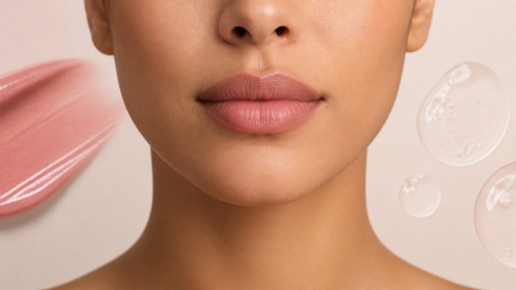 Natural lips with rose pigment and clear gel details representing lip blush vs lip filler