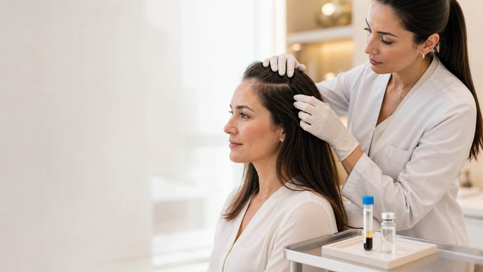 Clinician assessing a woman’s thinning hair before PRP vs hair mesotherapy treatment