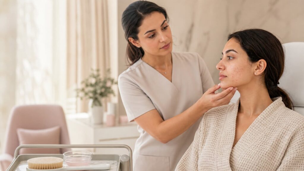 Post-summer breakout Acne facial and chemical peel consultation in Roxana Aesthetics Clinic