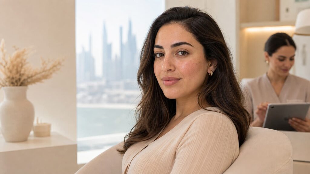 Woman attending an IPL photorejuvenation Dubai consultation at Roxana Aesthetics Clinic after summer