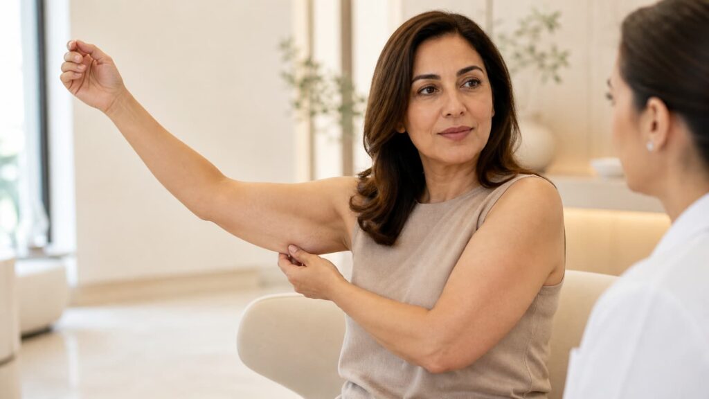 Woman discussing loose arm skin after weight loss at Roxana Aesthetics Clinic