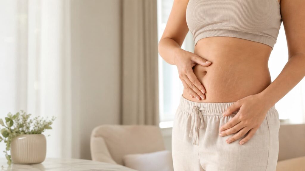 Woman considering postpartum stretch mark removal in Dubai
