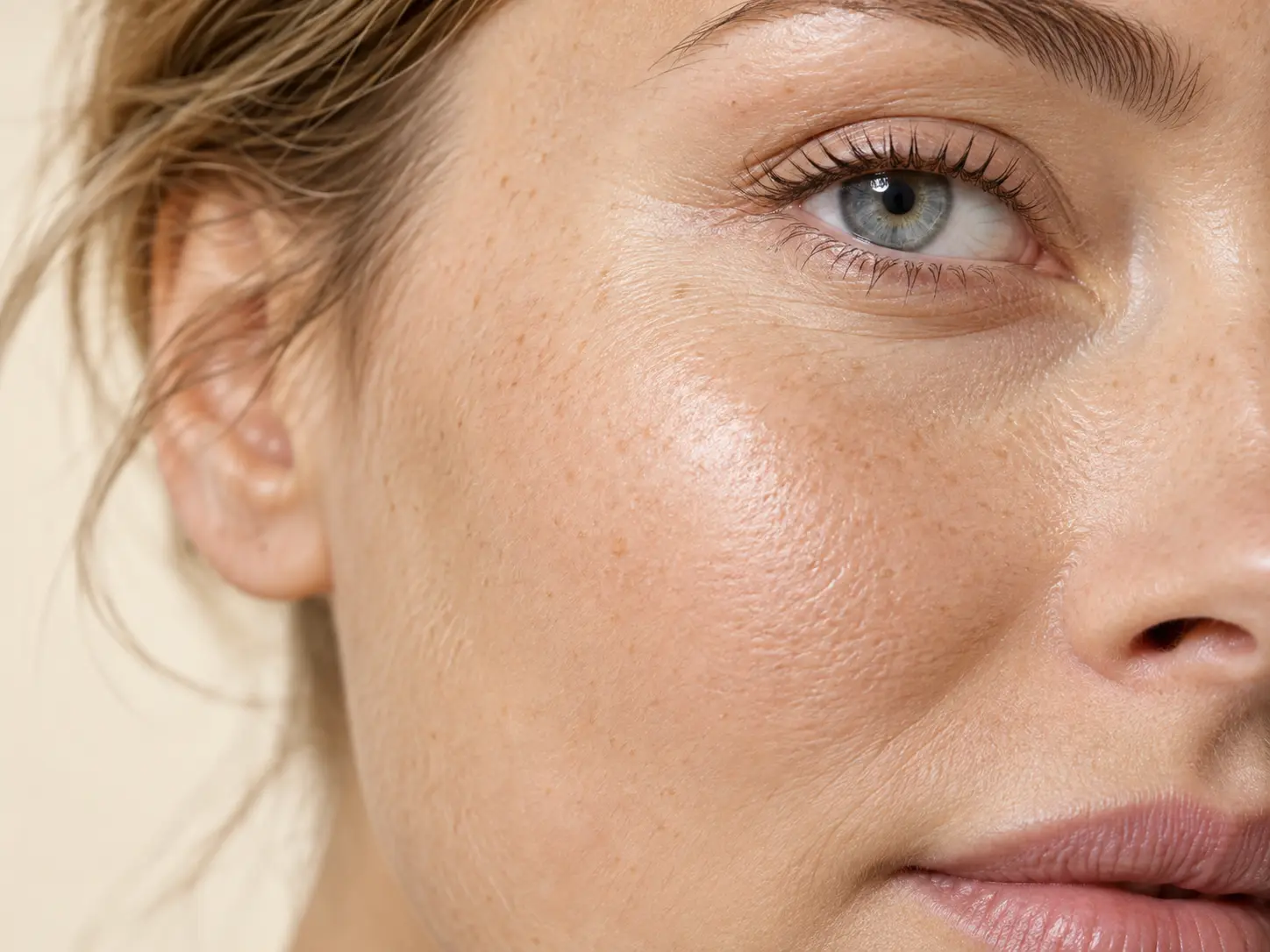 Close-up of skin texture and hydration after skin booster treatment